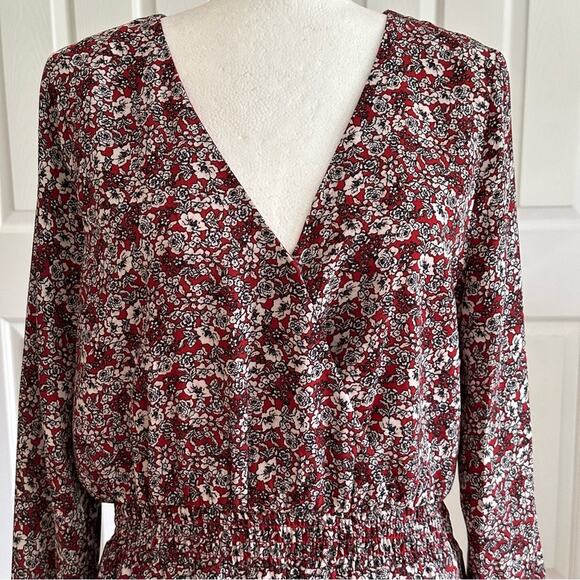 Nine Britton Dress Annika Red Burgundy Floral V-Neck Long Sleeve Tiered Large - Picture 3 of 13